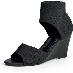 Black Fabric Wedge Sandals Elastic Knit Peep Toe Heels Sandals for Women Dressy